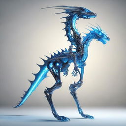 The entirely mechanical body of Ava, displaying thin limbs, hands and legs. A blue-lit spinal rod is visible, while different dragon designs enhancing her light and beautiful appearance.