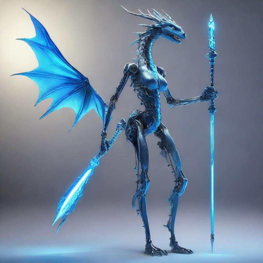 The entirely mechanical body of Ava, displaying thin limbs, hands and legs. A blue-lit spinal rod is visible, while different dragon designs enhancing her light and beautiful appearance.