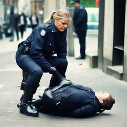 Transform the previous image to show the seated policewoman in nylon pants and leather boots now pinning a criminal down.