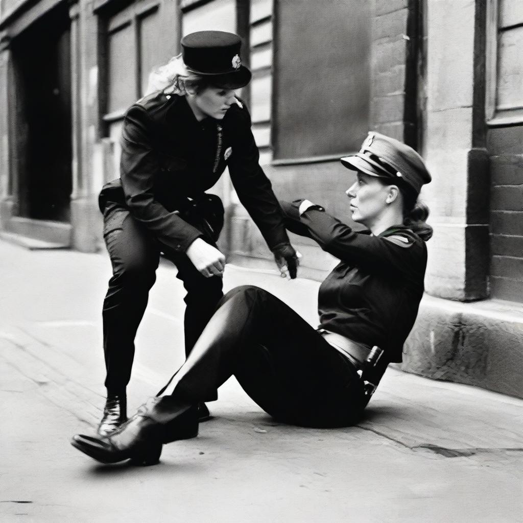 Transform the previous image to show the seated policewoman in nylon pants and leather boots now pinning a criminal down.