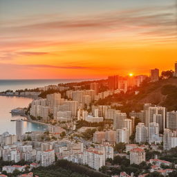 A city by the sea, illuminated by the golden light of sunset. The shoreline is bustling with life while the calm sea reflects the warm light