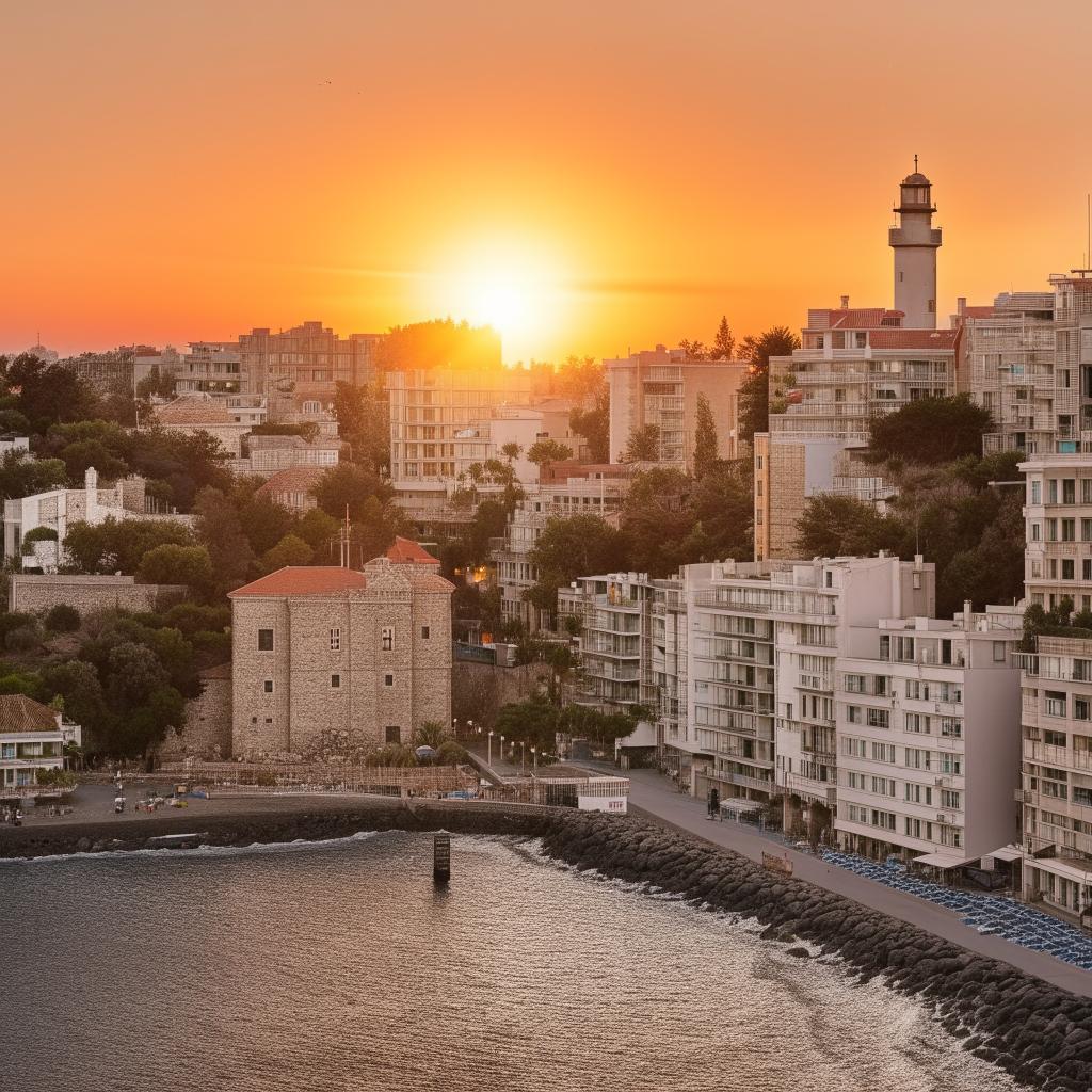 A city by the sea, illuminated by the golden light of sunset. The shoreline is bustling with life while the calm sea reflects the warm light