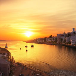 A city by the sea, illuminated by the golden light of sunset. The shoreline is bustling with life while the calm sea reflects the warm light