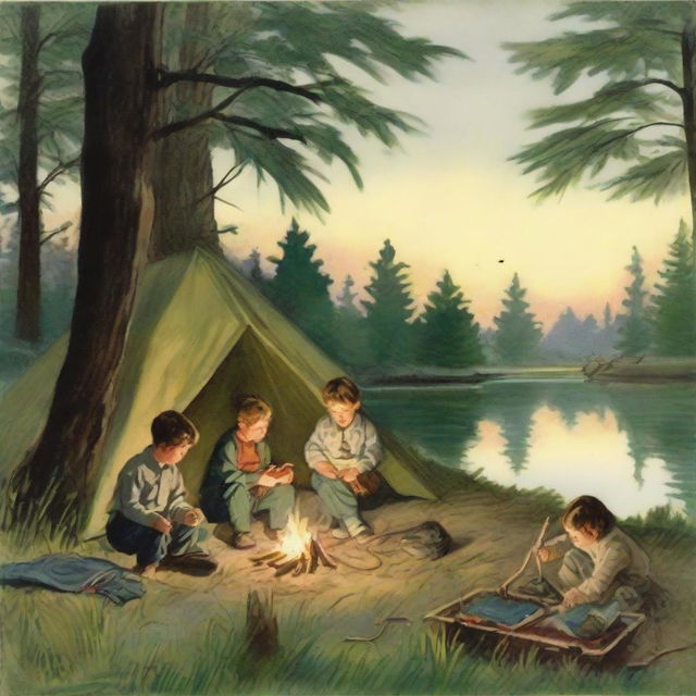 Three children by a bonfire with a first aid kit and matchbox nearby. One child shines a flashlight into a tent. A hammock behind them is strung between trees, near a pond where a boy is fishing.