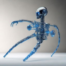 An entirely mechanical body, notably thin and lightweight, enhanced by a blue-lit spinal rod. Its beauty is distinct, exhibiting intriguing mechanical details.