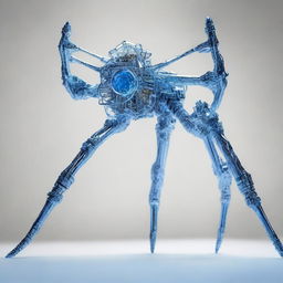 An entirely mechanical body, notably thin and lightweight, enhanced by a blue-lit spinal rod. Its beauty is distinct, exhibiting intriguing mechanical details.