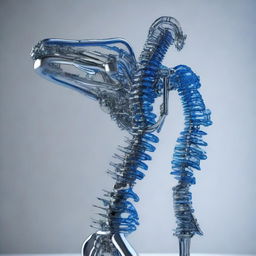 An entirely mechanical body, notably thin and lightweight, enhanced by a blue-lit spinal rod. Its beauty is distinct, exhibiting intriguing mechanical details.