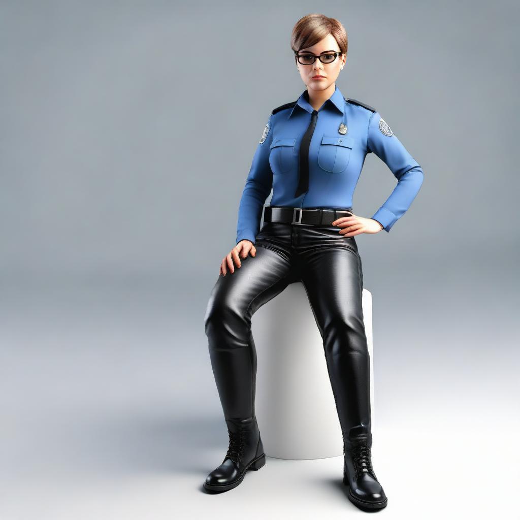 3D and realistic image of a female police officer with short hair and glasses, wearing nylon pants and leather boots, sitting down.