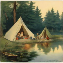 Four children by a campfire with a first aid kit and matchbox nearby. A tent to the right with a child shining a flashlight inside; a hammock to the left between trees, and behind, a pond with a boy fishing.