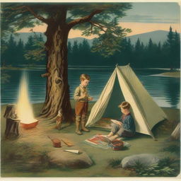 Four children by a campfire with a first aid kit and matchbox nearby. A tent to the right with a child shining a flashlight inside; a hammock to the left between trees, and behind, a pond with a boy fishing.