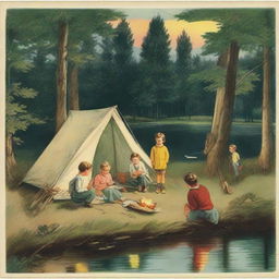 Four children by a campfire with a first aid kit and matchbox nearby. A tent to the right with a child shining a flashlight inside; a hammock to the left between trees, and behind, a pond with a boy fishing.