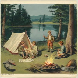 Four children by a campfire with a first aid kit and matchbox nearby. A tent to the right with a child shining a flashlight inside; a hammock to the left between trees, and behind, a pond with a boy fishing.