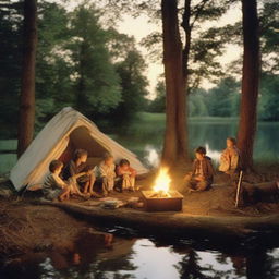 Four children sitting by a campfire with a first aid kit and a box of matches nearby. On the right, a tent with a child shining a flashlight inside. On the left, a hammock strung between two trees. In the background, a pond with a boy sitting and fishing.