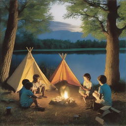 Four children sitting by a campfire with a first aid kit and a box of matches nearby. On the right, a tent with a child shining a flashlight inside. On the left, a hammock strung between two trees. In the background, a pond with a boy sitting and fishing.