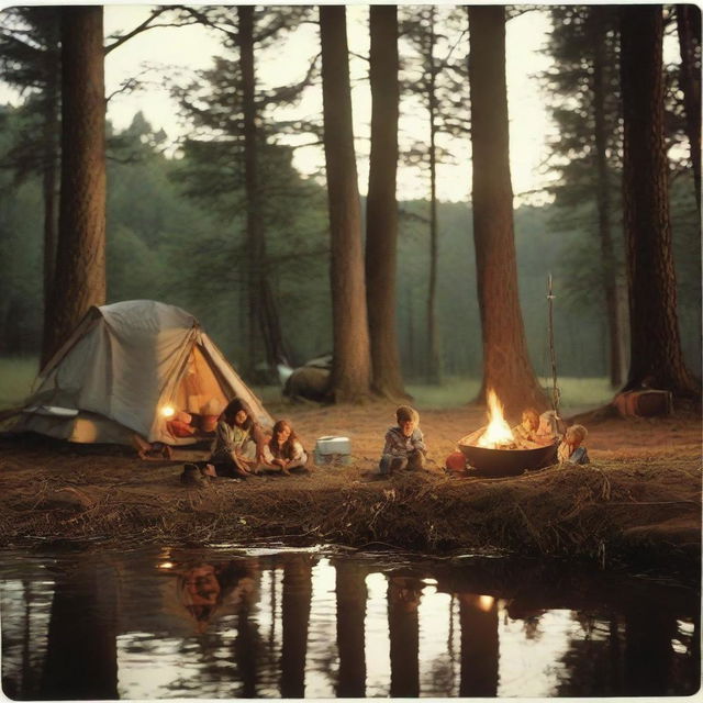 Four children sitting by a campfire with a first aid kit and a box of matches nearby. On the right, a tent with a child shining a flashlight inside. On the left, a hammock strung between two trees. In the background, a pond with a boy sitting and fishing.