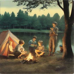 Four children sitting by a campfire with a first aid kit and a box of matches nearby. On the right, a tent with a child shining a flashlight inside. On the left, a hammock strung between two trees. In the background, a pond with a boy sitting and fishing.