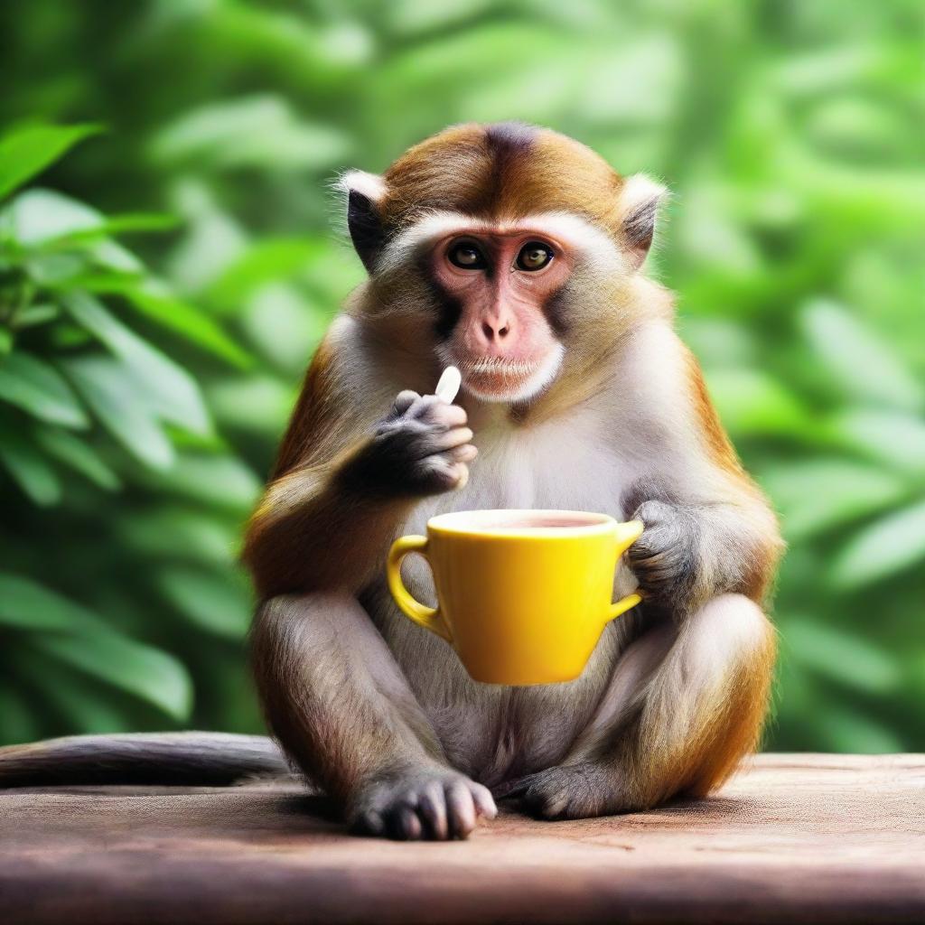 A monkey sitting comfortably and sipping on a cup of steaming tea.