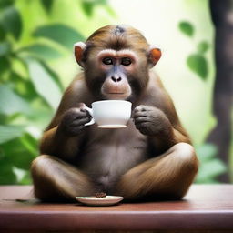 A monkey sitting comfortably and sipping on a cup of steaming tea.