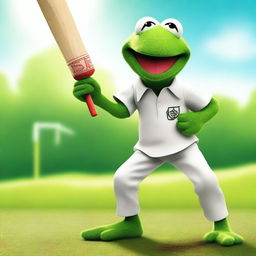 A vibrant digital art featuring Kermit the Frog in action, playing cricket