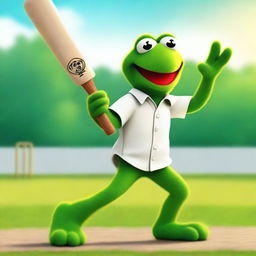 A vibrant digital art featuring Kermit the Frog in action, playing cricket