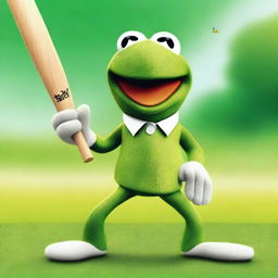 A vibrant digital art featuring Kermit the Frog in action, playing cricket