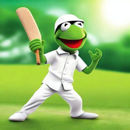 A vibrant digital art featuring Kermit the Frog in action, playing cricket