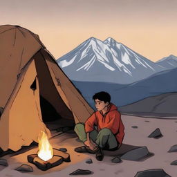 A young boy named Farhan, overcoming challenges to climb a mountain solo. He sits pensively in front of his tent, the solitary flame of a campfire flickering before him, with the mountain range backdrop.