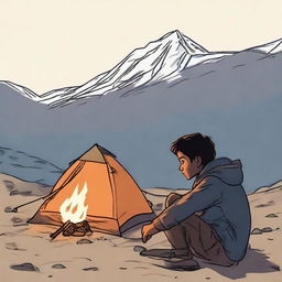 A young boy named Farhan, overcoming challenges to climb a mountain solo. He sits pensively in front of his tent, the solitary flame of a campfire flickering before him, with the mountain range backdrop.