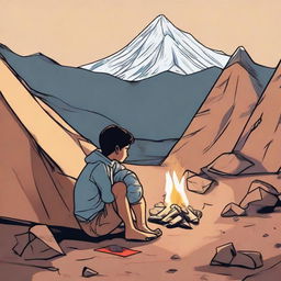 A young boy named Farhan, overcoming challenges to climb a mountain solo. He sits pensively in front of his tent, the solitary flame of a campfire flickering before him, with the mountain range backdrop.