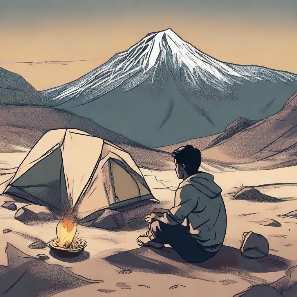 A young boy named Farhan, overcoming challenges to climb a mountain solo. He sits pensively in front of his tent, the solitary flame of a campfire flickering before him, with the mountain range backdrop.