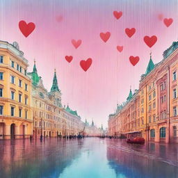 Cityscape of Moscow under a shower of rain, with whimsical hearts floating around.