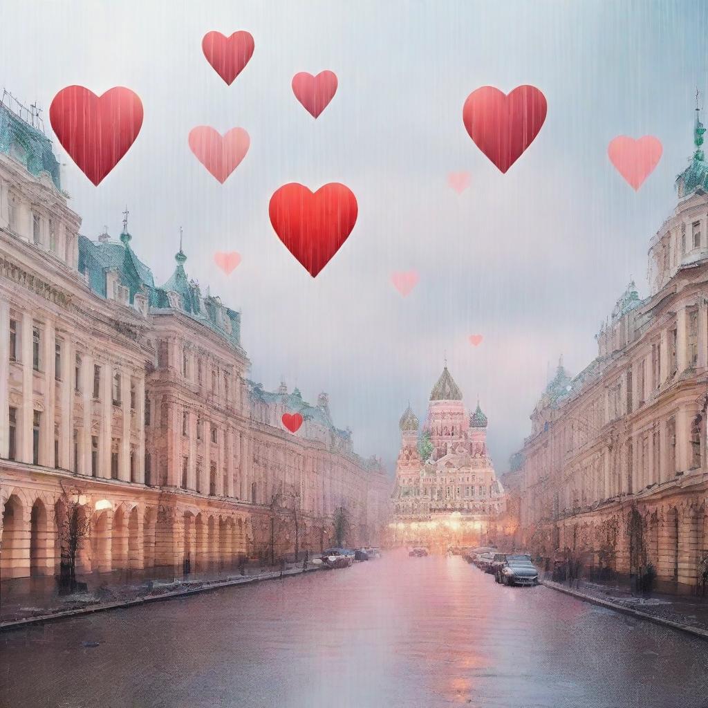 Cityscape of Moscow under a shower of rain, with whimsical hearts floating around.