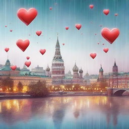 Cityscape of Moscow under a shower of rain, with whimsical hearts floating around.