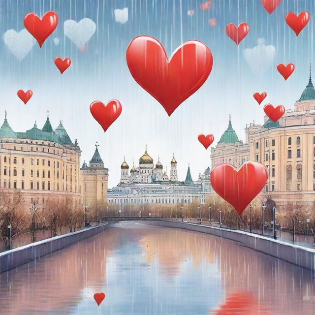 Cityscape of Moscow under a shower of rain, with whimsical hearts floating around.