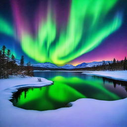 Colorful aurora borealis over a serene snowscape, reflecting on a peaceful lake.