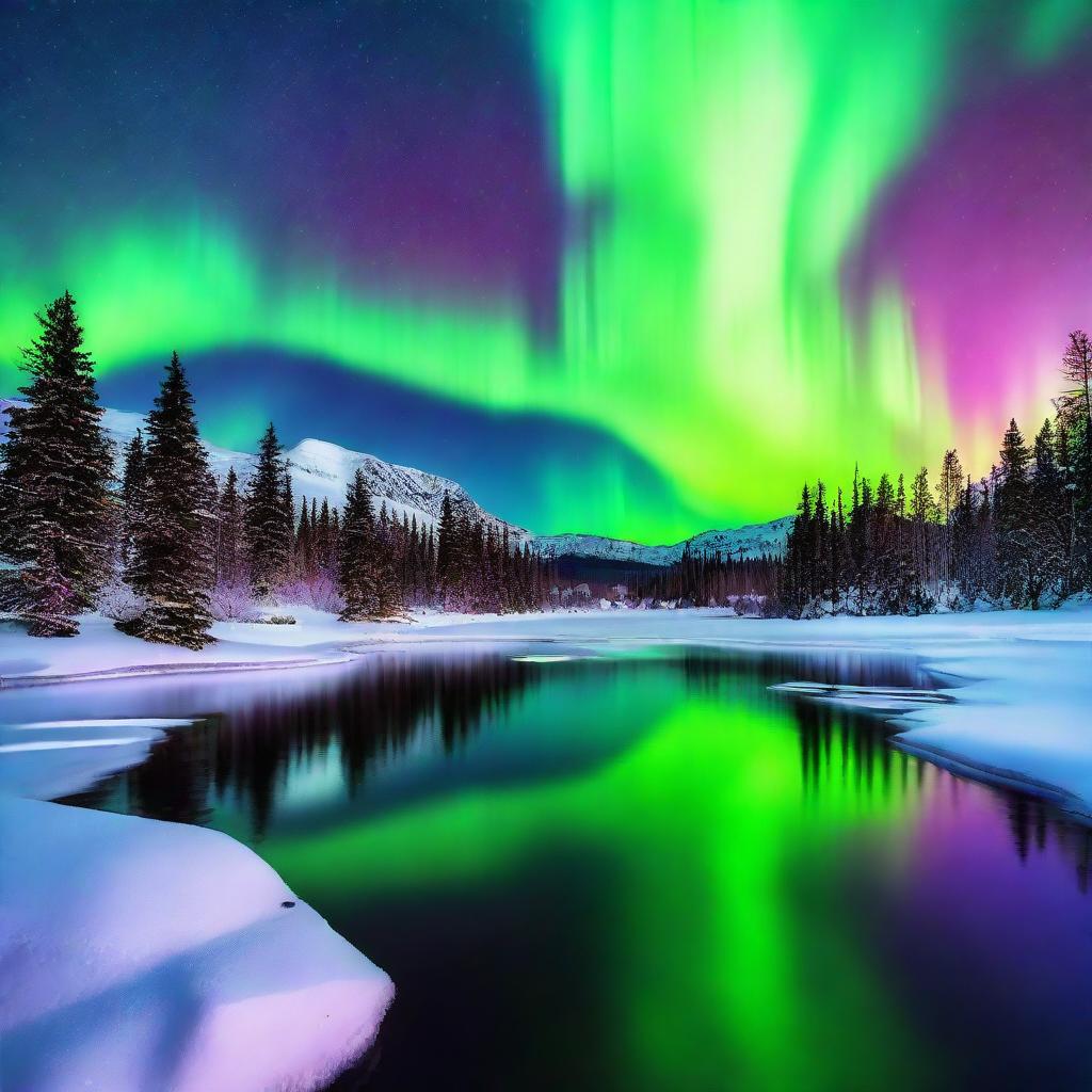 Colorful aurora borealis over a serene snowscape, reflecting on a peaceful lake.