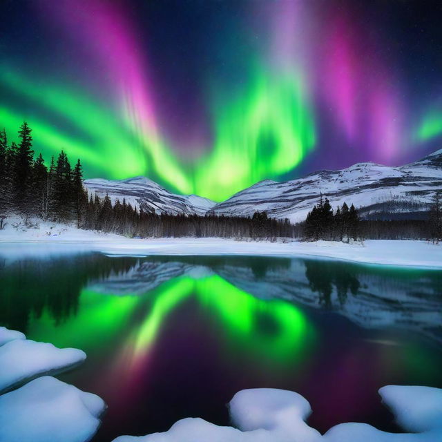 Colorful aurora borealis over a serene snowscape, reflecting on a peaceful lake.