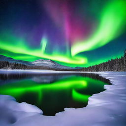 Colorful aurora borealis over a serene snowscape, reflecting on a peaceful lake.