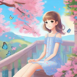 A cute girl in a light blue dress is sitting on a balcony with a pink tree nearby. The sky is blue with a rainbow and a few butterflies are flittering in front of her.