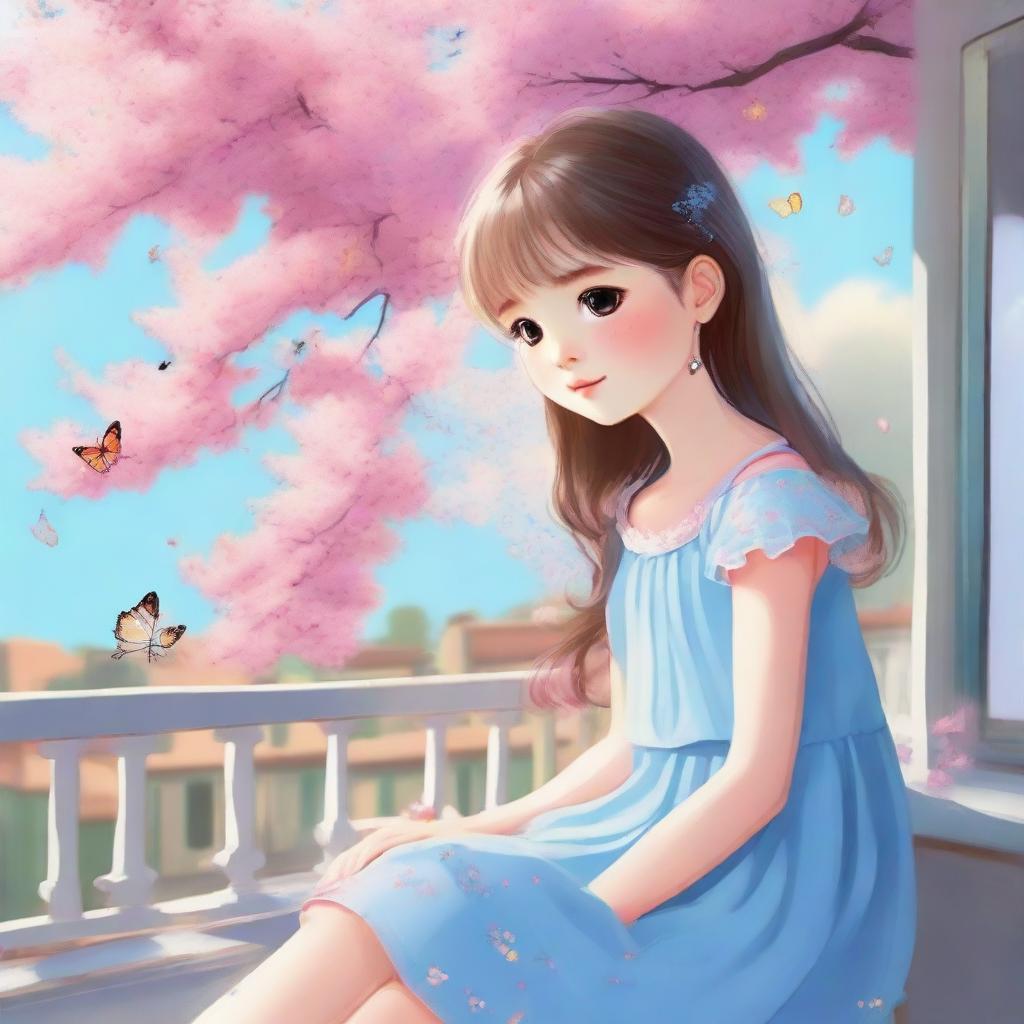 A cute girl in a light blue dress is sitting on a balcony with a pink tree nearby. The sky is blue with a rainbow and a few butterflies are flittering in front of her.