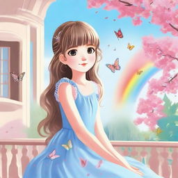 A cute girl in a light blue dress is sitting on a balcony with a pink tree nearby. The sky is blue with a rainbow and a few butterflies are flittering in front of her.