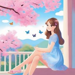 A cute girl in a light blue dress is sitting on a balcony with a pink tree nearby. The sky is blue with a rainbow and a few butterflies are flittering in front of her.