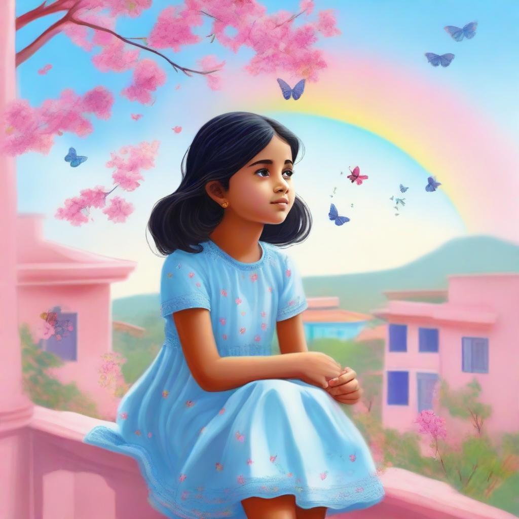 A cute Indian girl in a light blue dress sitting on a balcony. A pink tree is close by, with a blue sky and a rainbow above. A few butterflies are fluttering around her.