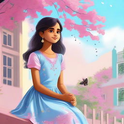 A cute Indian girl in a light blue dress sitting on a balcony. A pink tree is close by, with a blue sky and a rainbow above. A few butterflies are fluttering around her.