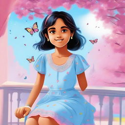 A cute Indian girl in a light blue dress sitting on a balcony. A pink tree is close by, with a blue sky and a rainbow above. A few butterflies are fluttering around her.