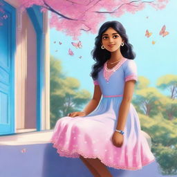 A cute Indian girl in a light blue dress sitting on a balcony. A pink tree is close by, with a blue sky and a rainbow above. A few butterflies are fluttering around her.