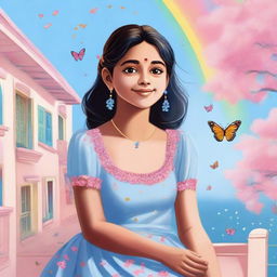 A cute Indian girl with a fair skin tone, sitting on a balcony and wearing a light blue dress. A pink tree is nearby, against a blue sky with a rainbow. Butterflies are fluttering in front of her.