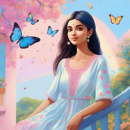 A cute Indian girl with a fair skin tone, sitting on a balcony and wearing a light blue dress. A pink tree is nearby, against a blue sky with a rainbow. Butterflies are fluttering in front of her.