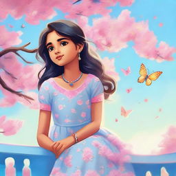 A cute Indian girl with a fair skin tone, sitting on a balcony and wearing a light blue dress. A pink tree is nearby, against a blue sky with a rainbow. Butterflies are fluttering in front of her.