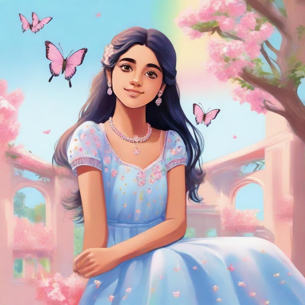 A cute Indian girl with a fair skin tone, sitting on a balcony and wearing a light blue dress. A pink tree is nearby, against a blue sky with a rainbow. Butterflies are fluttering in front of her.